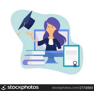 Remote graduation. Girl graduate online courses, study process. Distance school, woman character on screen vector concept. Illustration education training achievement, online e-learning remote. Remote graduation. Girl graduate online courses, modern study process. Distance school finished, flat woman character on screen vector concept