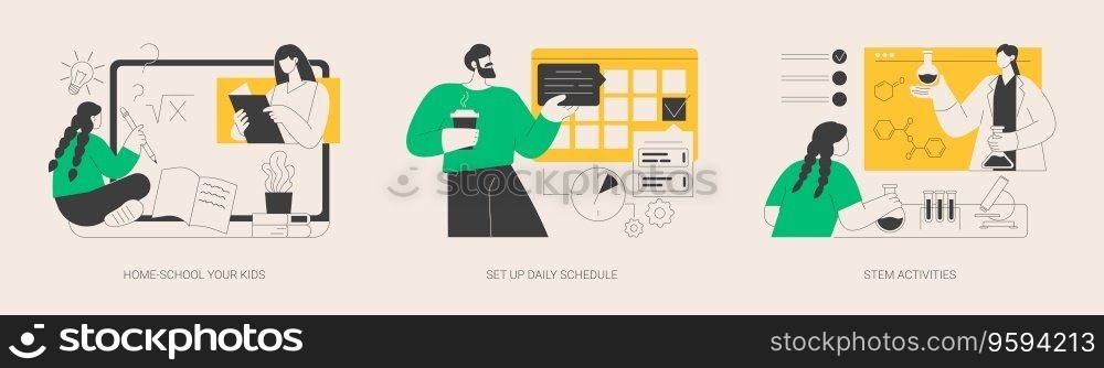 Remote home education abstract concept vector illustration set. Home-school your kids, set up daily schedule, STEM activities, quarantine learning daily routine, study calendar abstract metaphor.. Remote home education abstract concept vector illustrations.