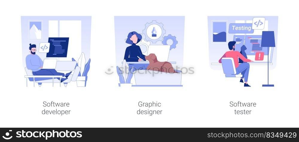 Remote IT jobs isolated concept vector illustration set. Software developer, graphic designer, software tester, self-employed professionals, digital nomad, work from home vector cartoon.. Remote IT jobs isolated concept vector illustrations.