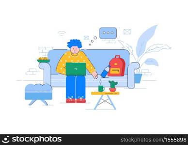 Remote job, e learning semi flat RGB color vector illustration. Young freelancer, student with laptop isolated cartoon character on white background. Distant work, online education at home. Remote job, e learning semi flat RGB color vector illustration