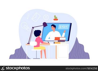 Remote learning. Kid studying on computer, student online home education. Personal distance teacher, virtual school utter vector concept. Illustration computer education remote class. Remote learning. Kid studying on computer, student online home education. Personal distance teacher, virtual school utter vector concept