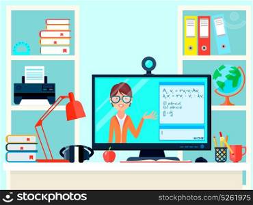 Remote Learning Teacher Composition. E-learning distance teacher training composition with remote teaching video call domestic workplace with computer screen vector illustration