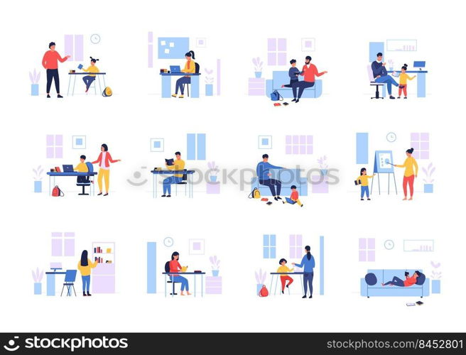 Remote lessons. Cartoon parents and children learning at home via laptop, students writing and studying. Vector online education concept with students. Illustration of education child at home. Remote lessons. Cartoon parents and children learning at home via laptop, students writing and studying. Vector online education concept with students