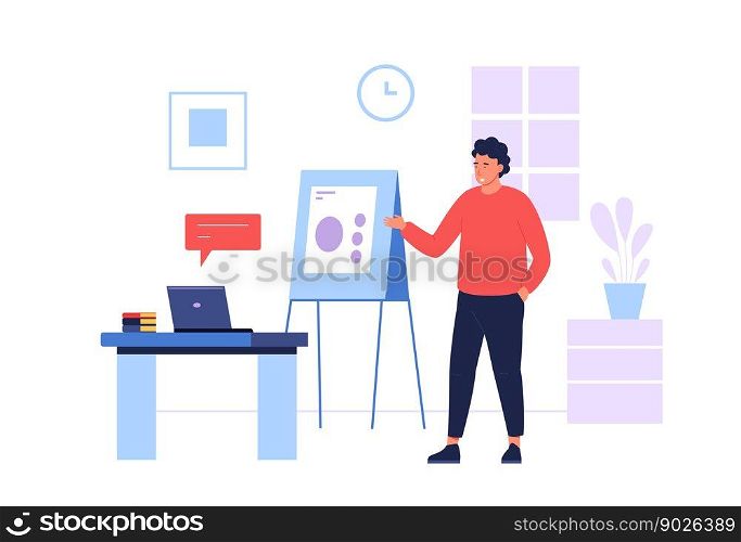 Remote lessons, teacher teach using laptop and banner. Vector of student course online, illustration of lesson at computer. Remote lessons, teacher teach using laptop and banner