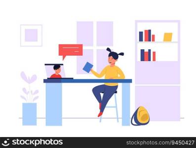 Remote lessons. Vector online education concept with students. Cartoon girl sitting at desk with laptop at home room and having class via internet. Talking to boy classmate via video vector. Remote lessons. Vector online education concept with students. Cartoon girl sitting at desk with laptop at home room