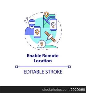 Remote location enabling concept icon. Tracking stolen device and wipe private information abstract idea thin line illustration. Data protection. Vector isolated outline color drawing. Editable stroke. Remote location enabling concept icon