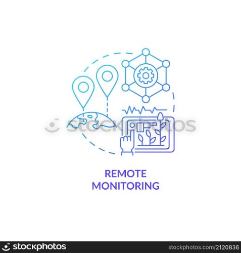 Remote monitoring blue gradient concept icon. Controlling moisture level and soil health abstract idea thin line illustration. Isolated outline drawing. Roboto-Medium, Myriad Pro-Bold fonts used. Remote monitoring blue gradient concept icon