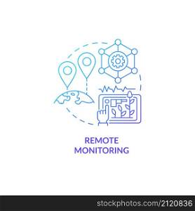 Remote monitoring blue gradient concept icon. Controlling moisture level and soil health abstract idea thin line illustration. Isolated outline drawing. Roboto-Medium, Myriad Pro-Bold fonts used. Remote monitoring blue gradient concept icon