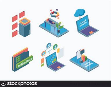 Remote office. Isometric business telecommunication control systems sharing data folders distance office monitoring processes garish vector flat 3d illustrations. Remote isometric control technology. Remote office. Isometric business telecommunication control systems sharing data folders distance office monitoring processes garish vector flat 3d illustrations