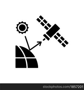 Remote sensing satellite black glyph icon. Digital Earth conceptualization. Planet replica creating. Earth observation perfomance. Silhouette symbol on white space. Vector isolated illustration. Remote sensing satellite black glyph icon