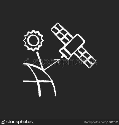 Remote sensing satellite chalk white icon on dark background. Digital Earth conceptualization. Planet replica creating. Earth observation perfomance. Isolated vector chalkboard illustration on black. Remote sensing satellite chalk white icon on dark background