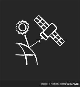 Remote sensing satellite chalk white icon on dark background. Digital Earth conceptualization. Planet replica creating. Earth observation perfomance. Isolated vector chalkboard illustration on black. Remote sensing satellite chalk white icon on dark background