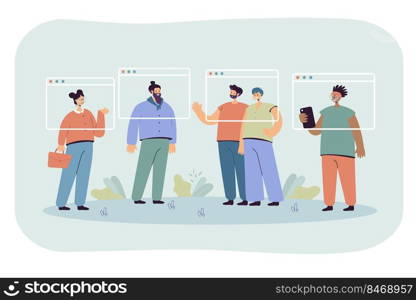 Remote team of office people having video call in window frames. Virtual meeting, digital conference flat vector illustration. Diversity, technology, communication concept for banner or website design