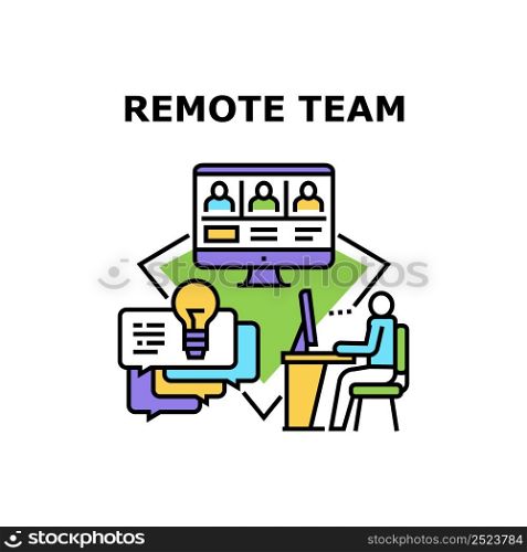 Remote Team Vector Icon Concept. Remote Team Searching And Studying In Internet. Teamwork Communication And Discussion Online. Managers Coworkers And Partners Connection Color Illustration. Remote Team Vector Concept Color Illustration