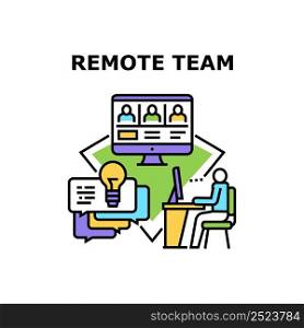 Remote Team Vector Icon Concept. Remote Team Searching And Studying In Internet. Teamwork Communication And Discussion Online. Managers Coworkers And Partners Connection Color Illustration. Remote Team Vector Concept Color Illustration