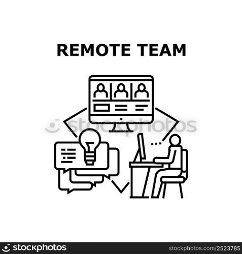 Remote Team Vector Icon Concept. Remote Team Searching And Studying In Internet. Teamwork Communication And Discussion Online. Managers Coworkers And Partners Connection Black Illustration. Remote Team Vector Concept Black Illustration