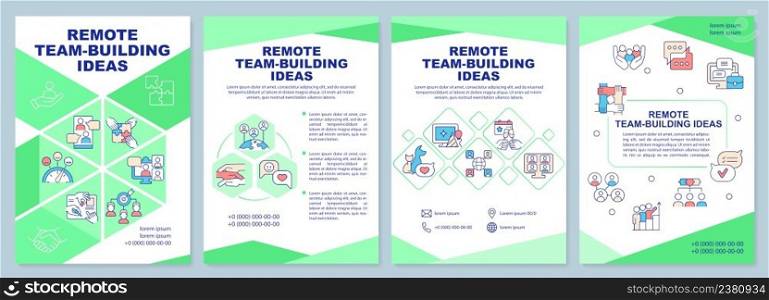 Remote teambuilding ideas green brochure template. Online cooperation. Leaflet design with linear icons. 4 vector layouts for presentation, annual reports. Arial-Black, Myriad Pro-Regular fonts used. Remote teambuilding ideas green brochure template