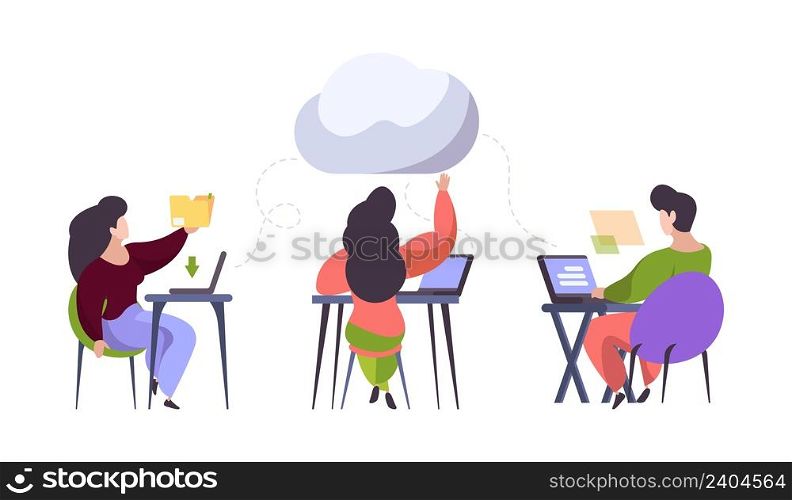 Remote teamwork concept. Cloud storage technologies, work together in internet. People working on laptop, coworking vector illustration. Illustration teamwork office remote and freelance. Remote teamwork concept. Cloud storage technologies, work together in internet. People working on laptop, coworking vector illustration