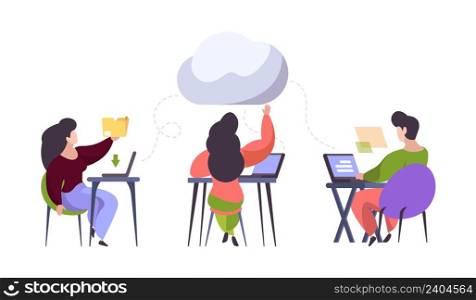 Remote teamwork concept. Cloud storage technologies, work together in internet. People working on laptop, coworking vector illustration. Illustration teamwork office remote and freelance. Remote teamwork concept. Cloud storage technologies, work together in internet. People working on laptop, coworking vector illustration