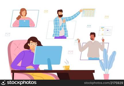 Remote teamwork. Cooperation, video call and conference. People working together from home vector concept. Illustration teamwork distance, cooperation and communication. Remote teamwork. Cooperation, video call and conference. People working together from home vector concept