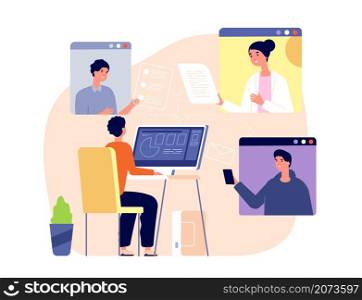 Remote teamwork. Digital technology, business meeting and online sharing. Coworkers share work, virtual video communication utter vector concept. Illustration digital meeting. Remote teamwork. Digital technology, business meeting and online sharing. Coworkers share work, virtual video communication utter vector concept