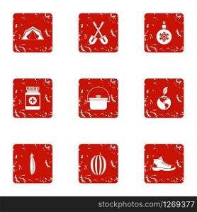 Remote travel icons set. Grunge set of 9 remote travel vector icons for web isolated on white background. Remote travel icons set, grunge style
