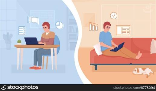 Remote versus office work flat concept vector illustration. Choosing workplace. Editable 2D cartoon characters on white for web design. Freelancer creative idea for website, mobile, presentation. Remote versus office work flat concept vector illustration