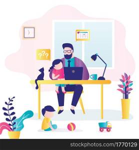 Remote work. Businessman at workplace with children. Dad can&rsquo;t work productively, children interfere with concentration. Multitasking concept. Room interior. Family on quarantine. Vector illustration. Remote work. Businessman at workplace with children. Dad can&rsquo;t work productively, children interfere with concentration. Multitasking concep