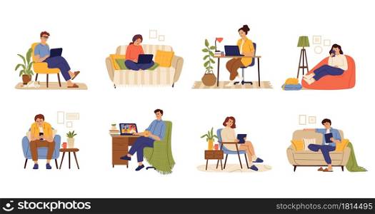 Remote work characters. Home office, business people job with computer. Flat freelance worker in chair with cat and laptop swanky vector set. Illustration freelance people work at home. Remote work characters. Home office, business people job with computer. Flat freelance worker in chair with cat and laptop swanky vector set