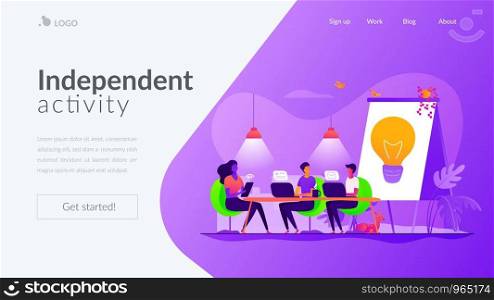 Remote work, colleagues brainstorming and searching solution. Coworking of freelancers, teamwork and communication, independent activity concept. Website homepage header landing web page template.. Coworking landing page template