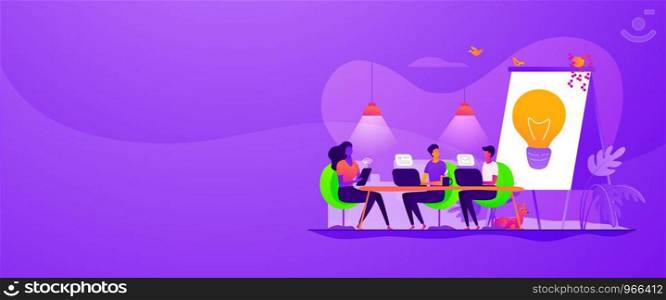 Remote work, colleagues brainstorming and searching solution. Coworking of freelancers, teamwork and communication, independent activity concept. Header or footer banner template with copy space.. Coworking web banner concept