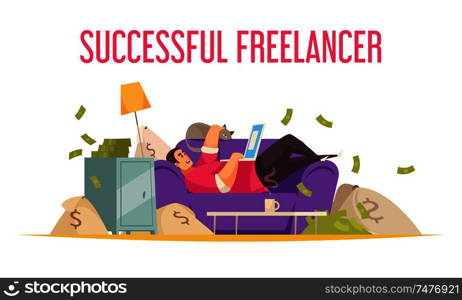 Remote work flat funny composition with successful freelancer on sofa with laptop bathing in money vector illustration