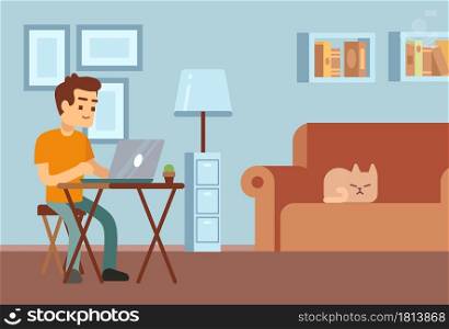 Remote work. Freelance, distance learning. Young man sitting at desk with laptop. Student or manager working in living room with sleeping cat on sofa vector illustration. Distance freelance online. Remote work. Freelance, distance learning. Young man sitting at desk with laptop. Student or manager working in living room with sleeping cat on sofa vector illustration