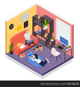 Remote work from home isometric living room interior view with young couple typing on laptops vector illustration