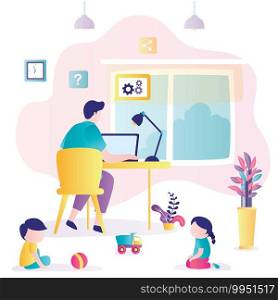 Remote work from home. Male businessman or freelancer sits at workplace and works, children in room play. Stress, Disadvantages of Working from Home. Loss of productivity. Flat Vector illustration