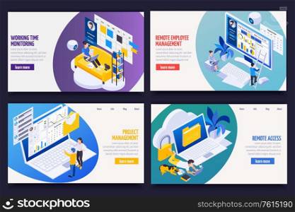 Remote work management concept 4 isometric banners with tracking projects data access employees productivity control vector illustration