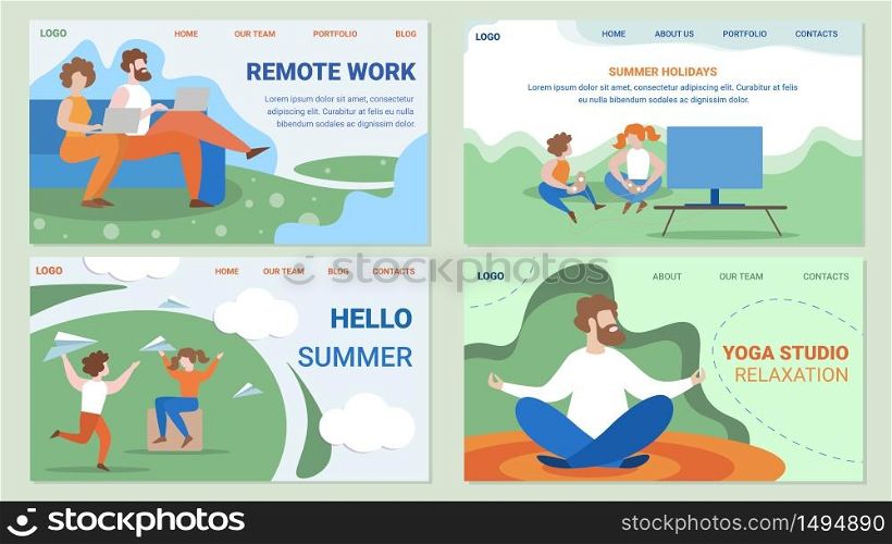 Remote Work, Summer Holidays, Hello Summer, Yoga Studio Flat Vector Web Banners, Landing Pages Set with Couple Working at Home, Kids Playing Video Games, Meditating and Relaxing Man Illustrations