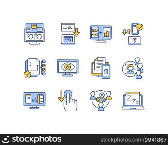 Remote work tools RGB color icons set. Online discussion board. Screen share software. Project management. Group member authentication. Encryption at rest. Isolated vector illustrations. Remote work tools RGB color icons set