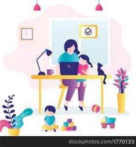 Remote work. Woman at workplace with children. Mom can&rsquo;t work productively, children interfere with concentration. Multitasking concept. Room interior. Family on quarantine. Flat Vector illustration. Remote work. Woman at workplace with children. Mom can&rsquo;t work productively, children interfere with concentration.
