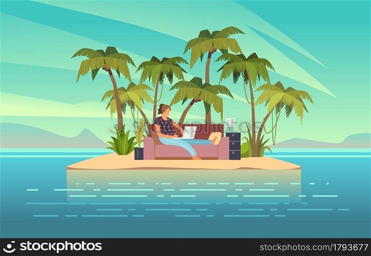 Remote work. Woman lying on sofa and working on laptop, tropical island in ocean, freelance comfortable workplace, online office, freedom symbol, summer landscape. Vector flat cartoon travel concept. Remote work. Woman lying on sofa and working on laptop, tropical island in ocean, freelance comfortable workplace, online office, freedom symbol. Vector flat cartoon travel concept
