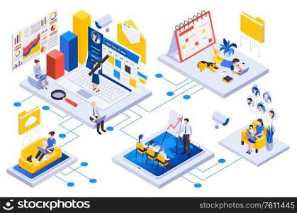 Remote workforce management concept isometric flowchart with online teleconference task planning working from home employees vector illustration