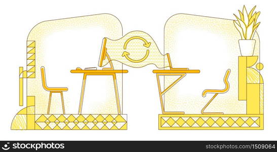 Remote workplace flat silhouette vector illustration. Outsourcer, freelancers workspace contour composition on yellow background. Desktop computers connected online simple style drawing