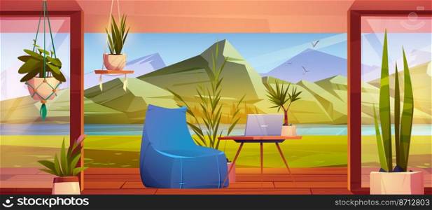 Remote workplace on terrace with flowers on lake shore. Vector cartoon illustration of summer landscape mountain valley with river and wooden veranda with bean bag chair, table and laptop. Remote workplace on terrace with flowers