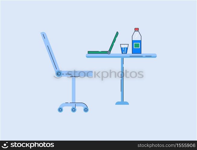 Remote workplace semi flat RGB color vector illustration. Armchair and table with laptop isolated cartoon objects on blue background. Comfortable office, personal space for work and education. Remote workplace semi flat RGB color vector illustration