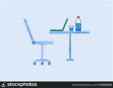 Remote workplace semi flat RGB color vector illustration. Armchair and table with laptop isolated cartoon objects on blue background. Comfortable office, personal space for work and education. Remote workplace semi flat RGB color vector illustration