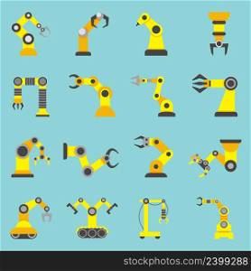 Remotely controlled robotic arms samples in automation industry yellow flat icons collection abstract isolated vector illustration. Robotic Arm Flat Yellow Icons Set