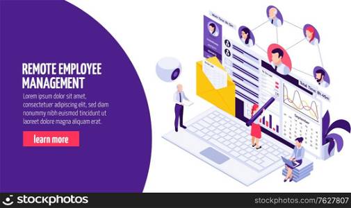 Remotely working employees management isometric web page composition with camera time progress results tracking software vector illustration