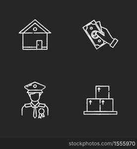 Removal of property chalk white icons set on black background. Police officer. Insurance claim. Official representative. Real estate. Paying for bank debt. Isolated vector chalkboard illustrations. Removal of property chalk white icons set on black background