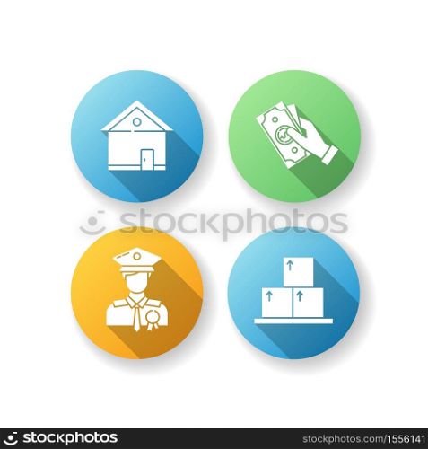 Removal of property flat design long shadow glyph icons set. Police officer. Insurance claim. Real estate. Moving cardboard boxes. Paying for bank debt. Silhouette RGB color illustration. Removal of property flat design long shadow glyph icons set