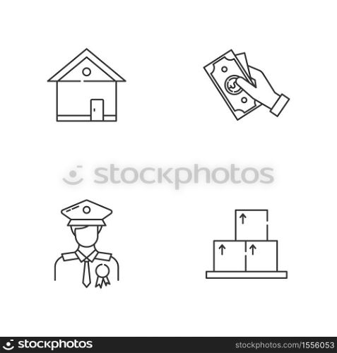 Removal of property linear icons set. Police officer. Insurance claim. Official representative. Customizable thin line contour symbols. Isolated vector outline illustrations. Editable stroke. Removal of property linear icons set
